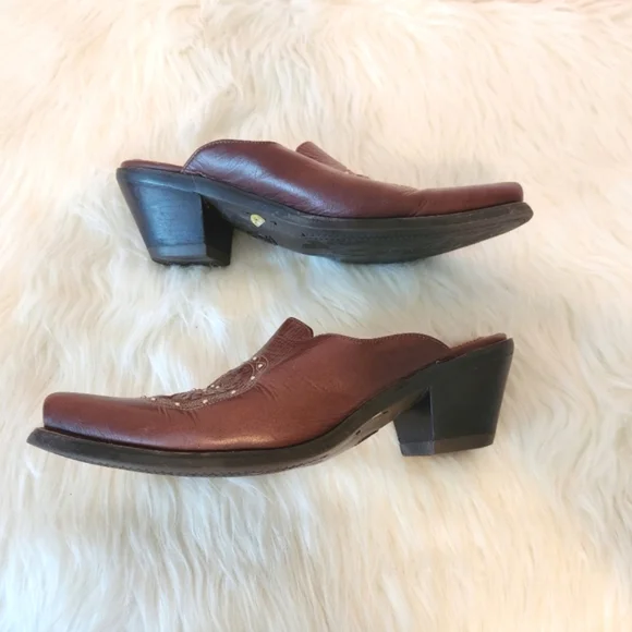 Ariat Brown Leather Block Heel Point Toe Wedge Slip On Mule Shoes - Picture 6 of 10